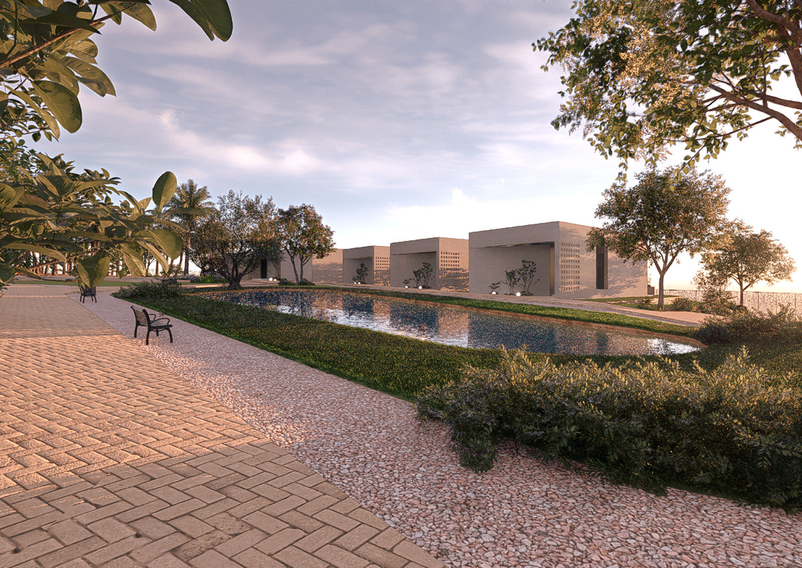 Curved stone villa facade with vertical glazing and warm exterior lighting