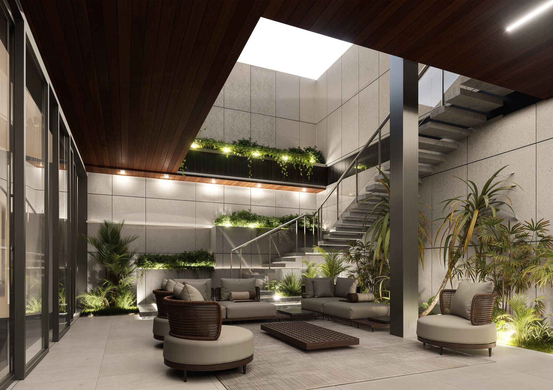 Palace interior with a sculptural spiral stair and polished stone finishes