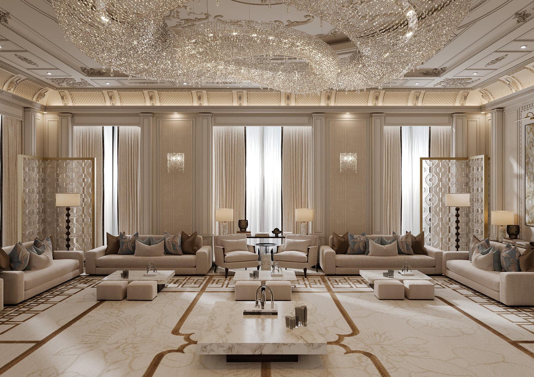 Formal majlis lounge with ornate ceiling, symmetrical seating, and warm lighting