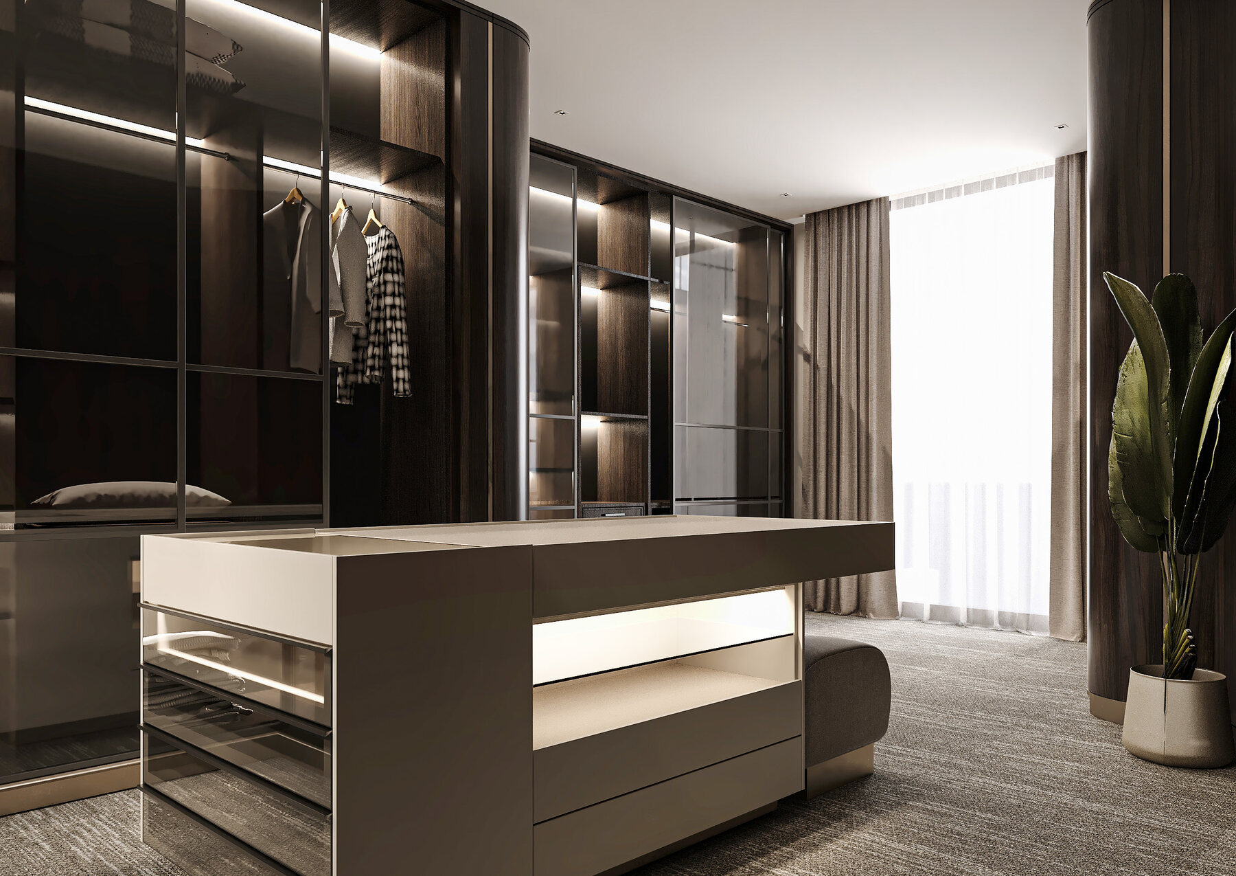 Commercial reception lounge with rounded seating and dark timber surfaces